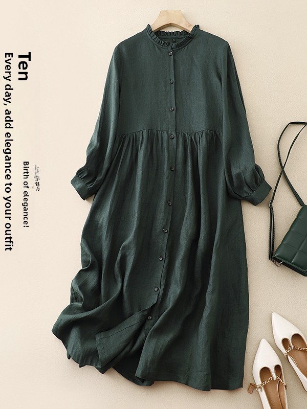 Casual Loose Linen Shirt Dress - Robe ample décontractée en coton et
