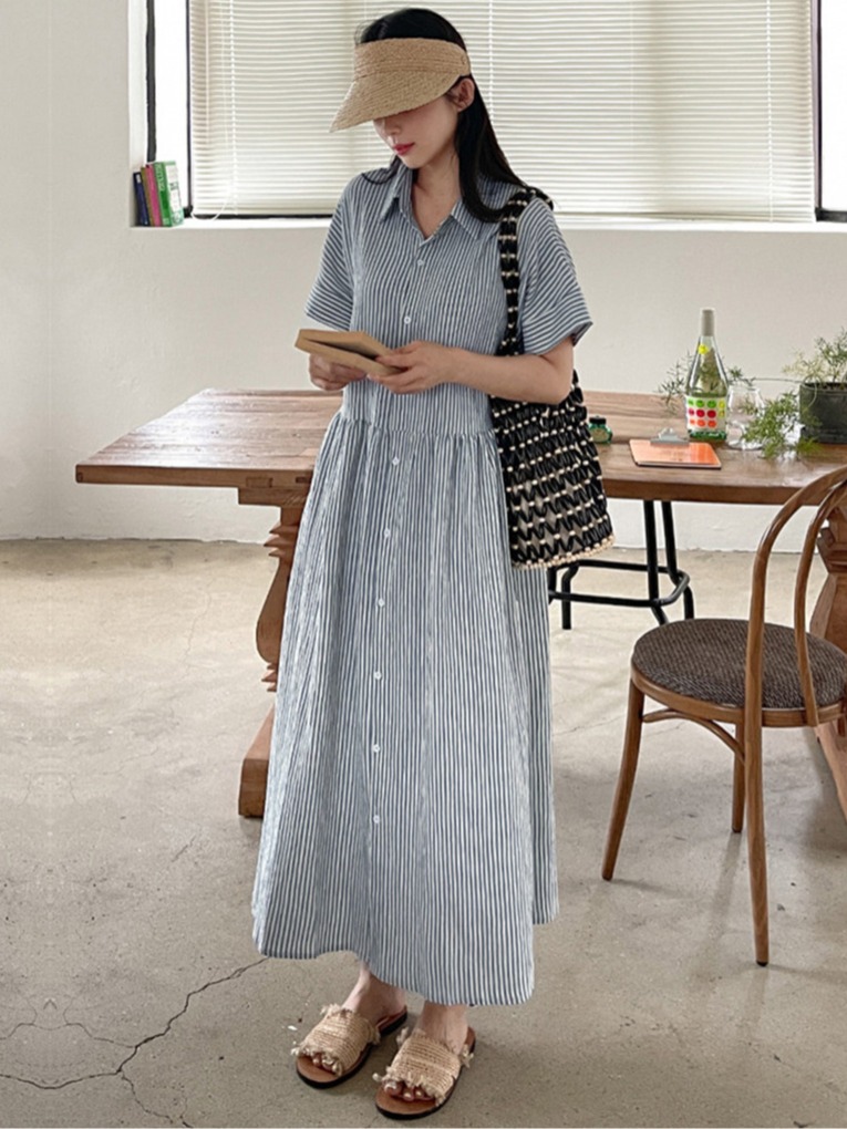 Korean Style A Line Shirt Dress - Robe chemise rayée coupe ajustée style