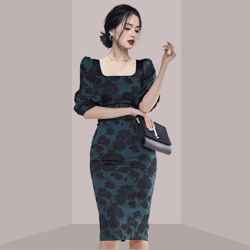 French Vintage Floral Midi Dress - Robe midi élégante à imprimé floral,