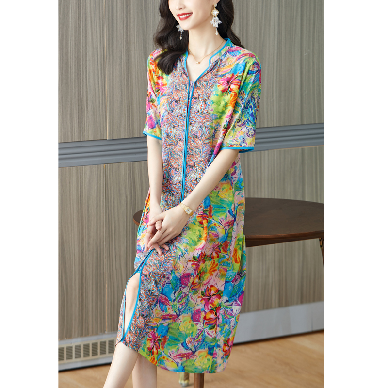 French Vintage Floral Midi Dress - Robe mi-longue à fleurs roses pour