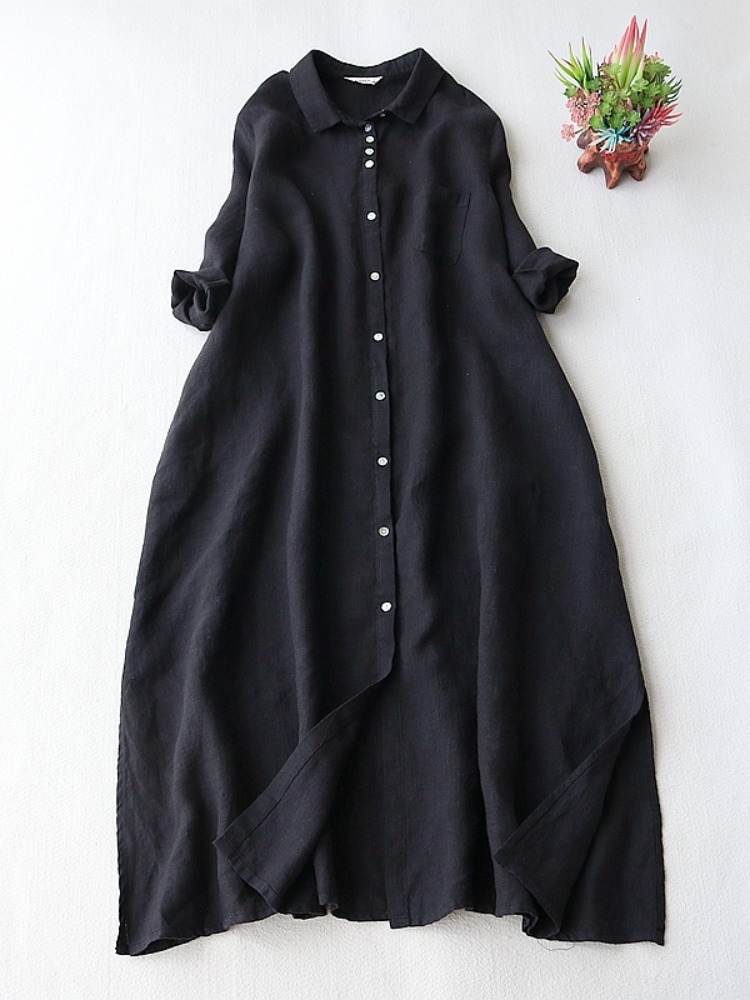 Casual Loose Linen Shirt Dress - Robe en lin artistique pour femme,