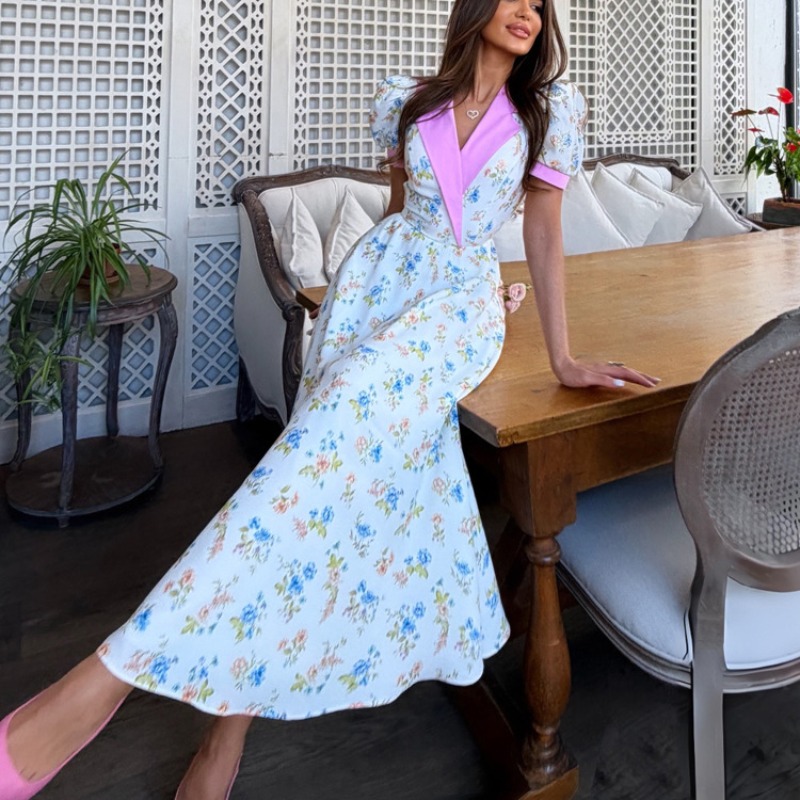 French Vintage Floral Midi Dress - Élégante Robe Midi Corset à Imprimé