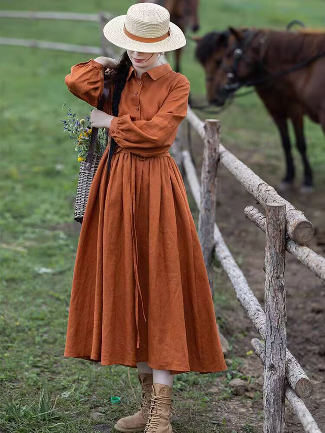 Casual Loose Linen Shirt Dress - Robe longue en lin orange pour