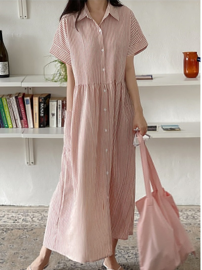 Robe chemise rayée coupe ajust - Korean Style A Line Shirt Dress avis et prix