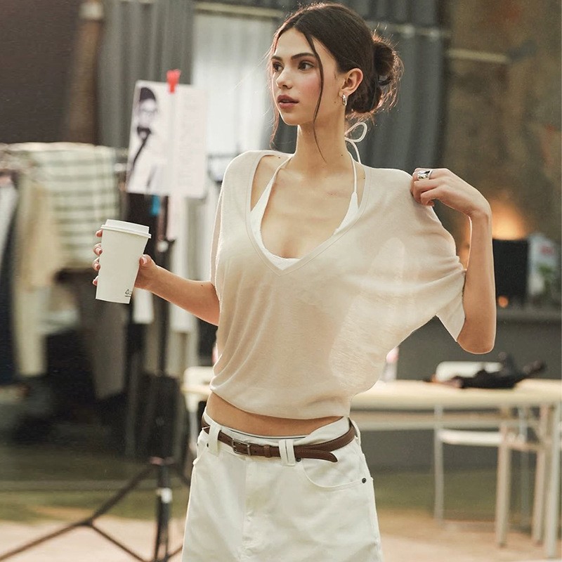 Blouse rose ample à col en V,  - Blouses avis et prix