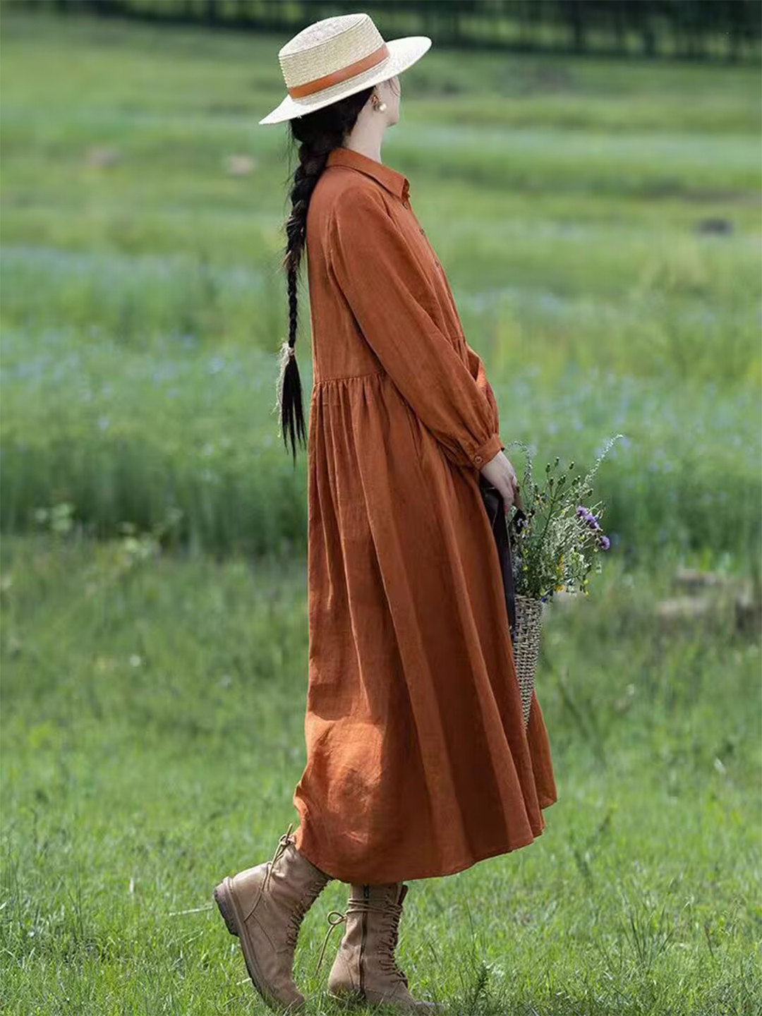 Robe longue en lin orange pour - Casual Loose Linen Shirt Dress avis et prix
