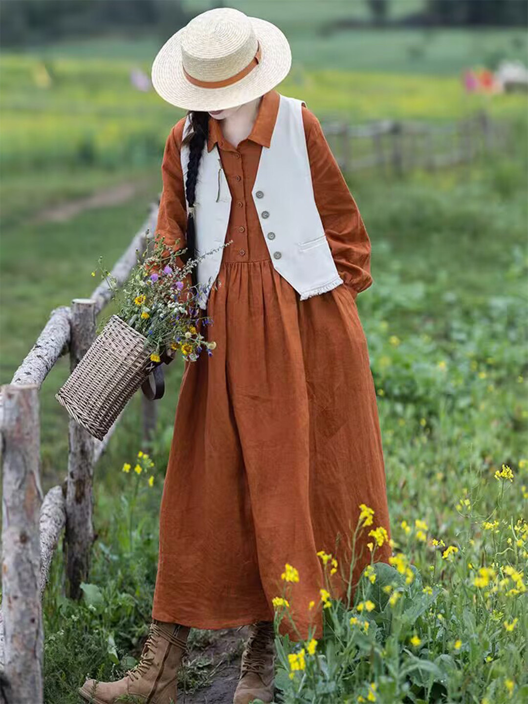 Robe longue en lin orange pour - Casual Loose Linen Shirt Dress avis et prix
